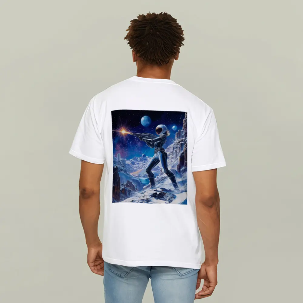Sci Fi Woman Warrior Shooting On Alien Planet – T-Shirts