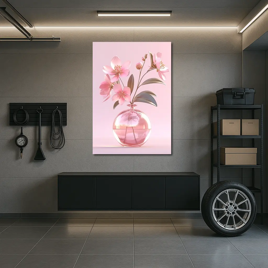 Pink Cherry Blossoms Glass Vase Pink Background – Wall Art
