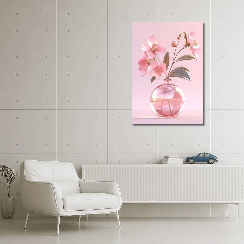 Pink Cherry Blossoms Glass Vase Pink Background – Wall Art