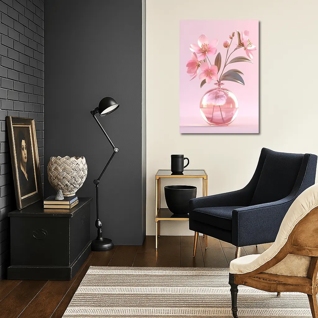 Pink Cherry Blossoms Glass Vase Pink Background – Wall Art