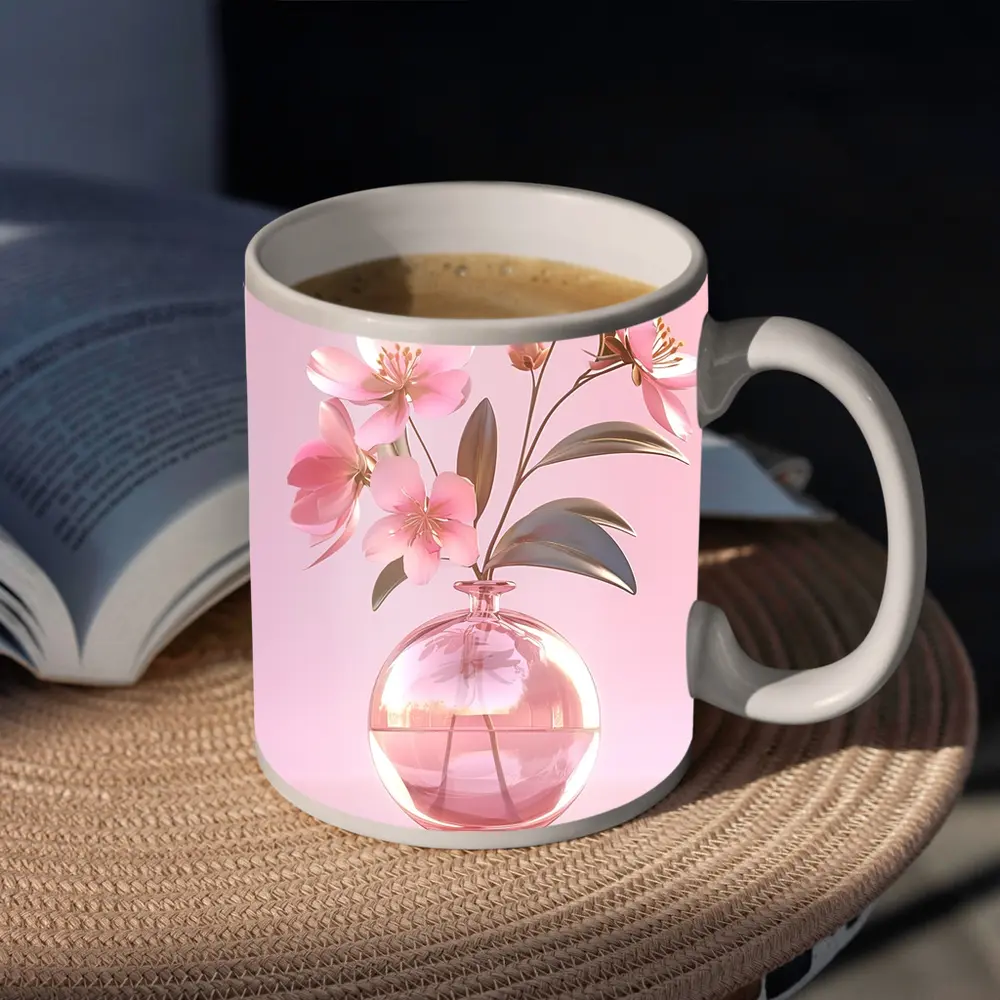 Pink Cherry Blossoms Glass Vase Pink Background – Mugs