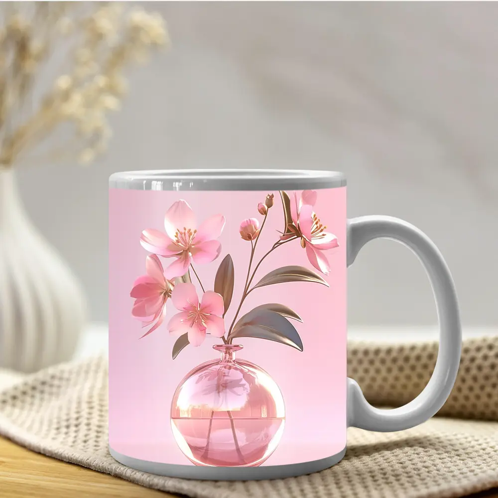 Pink Cherry Blossoms Glass Vase Pink Background – Mugs