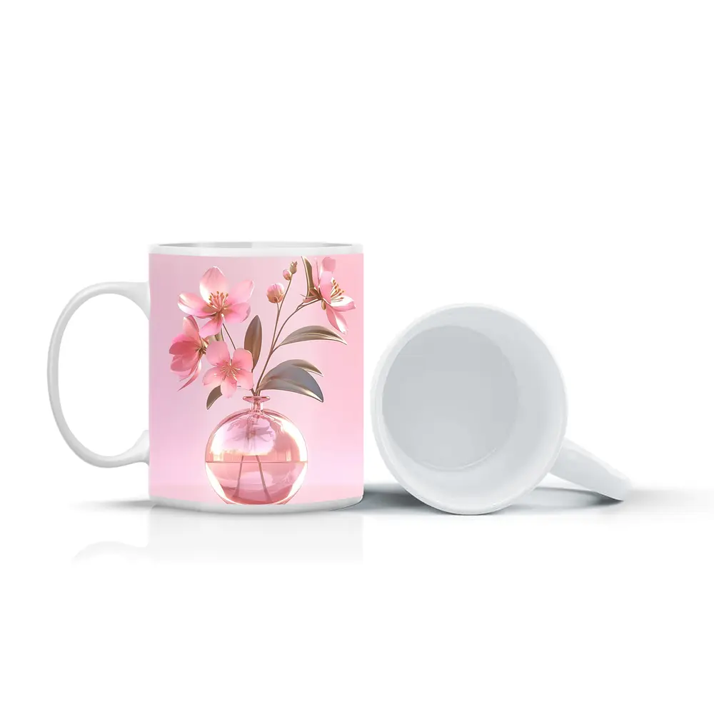 Pink Cherry Blossoms Glass Vase Pink Background – Mugs