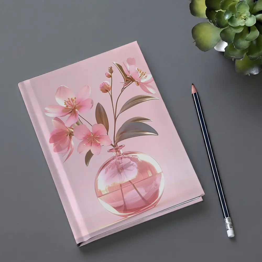 Pink Cherry Blossoms Glass Vase Pink Background – Notebooks