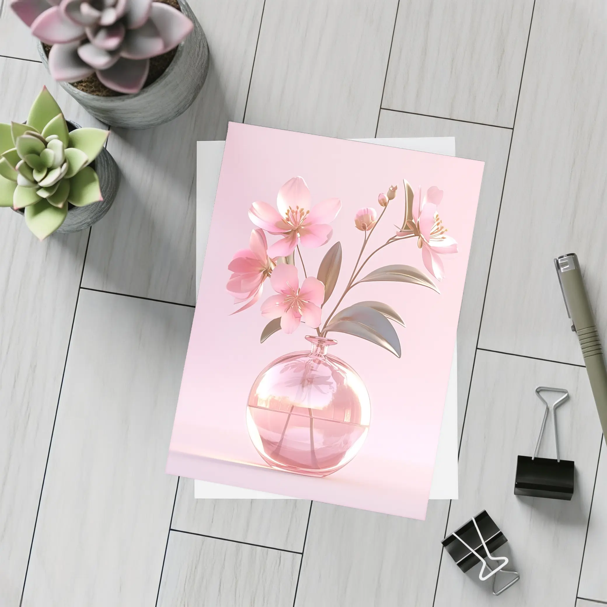 Pink Cherry Blossoms Glass Vase Pink Background – Postcards