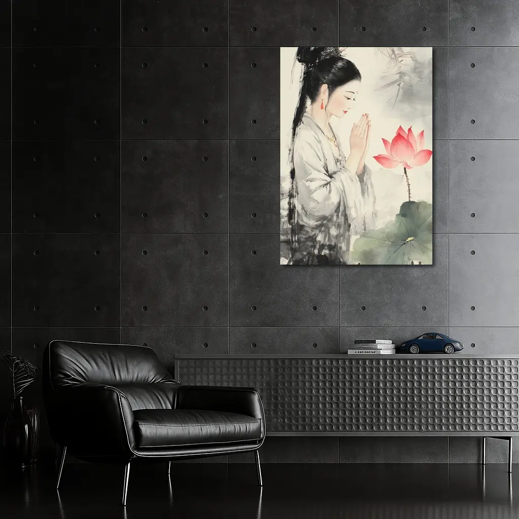 Chinese Woman Praying With Lotus Watercolor Art – Wall Art