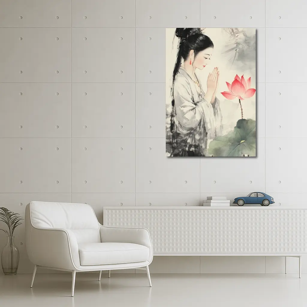 Chinese Woman Praying With Lotus Watercolor Art – Wall Art