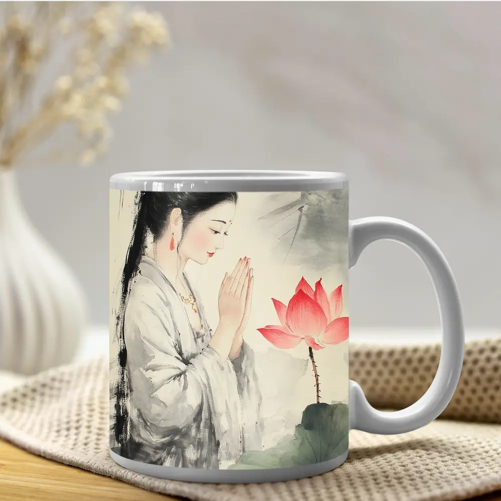 Chinese Woman Praying With Lotus Watercolor Art – Mugs
