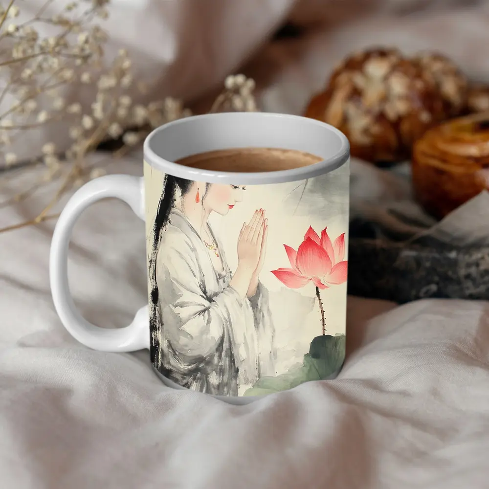 Chinese Woman Praying With Lotus Watercolor Art – Mugs