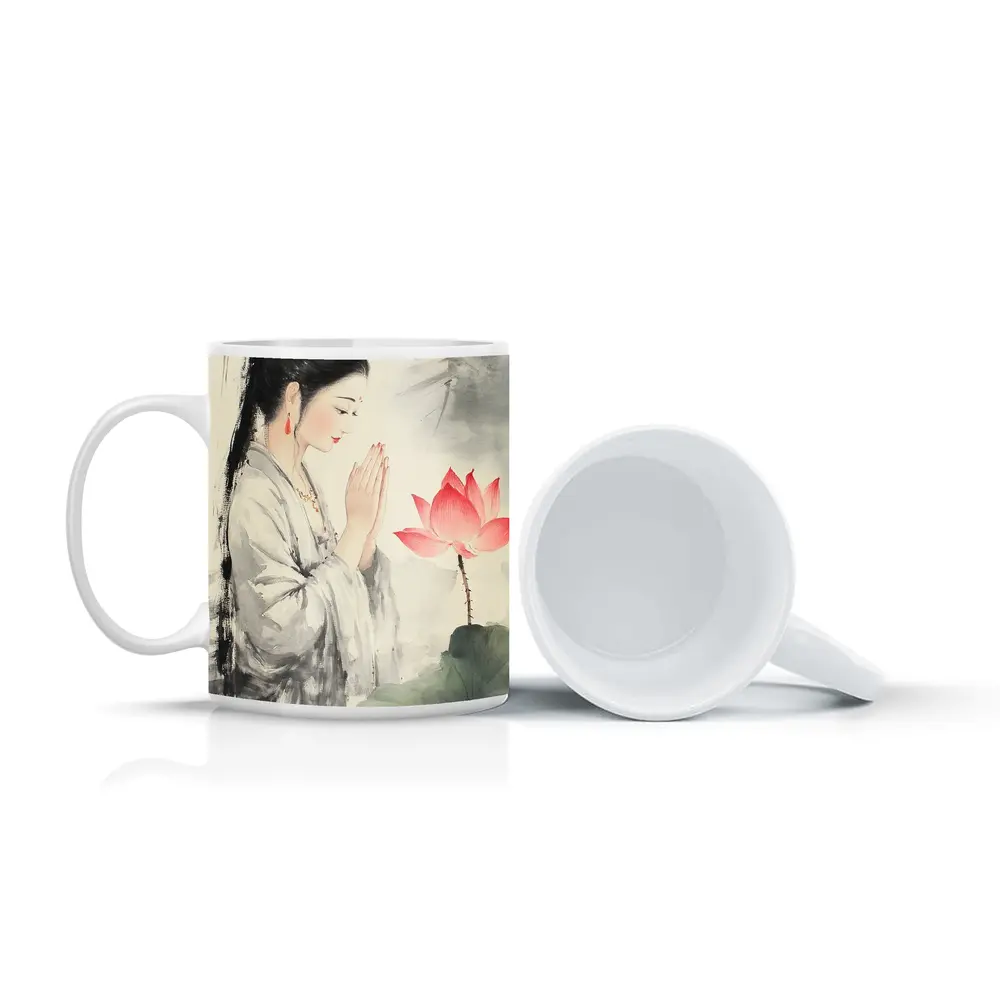 Chinese Woman Praying With Lotus Watercolor Art – Mugs