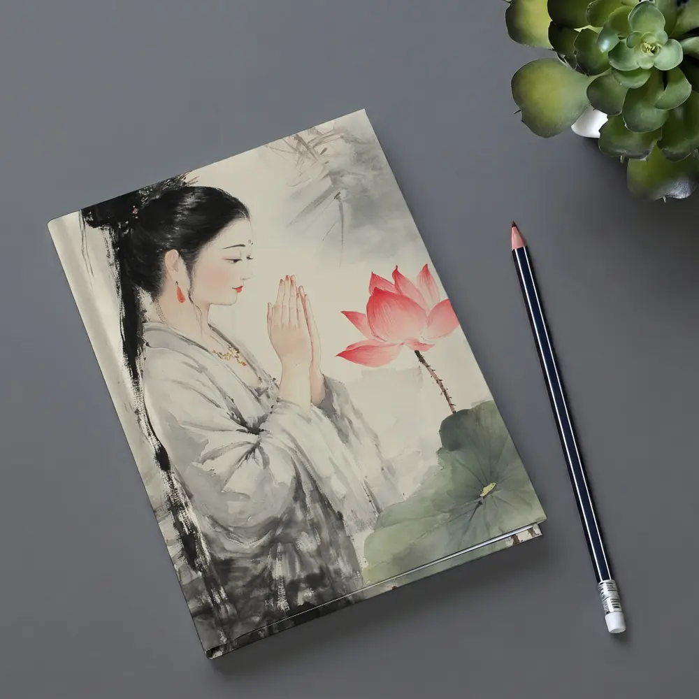 Chinese Woman Praying With Lotus Watercolor Art – Notebooks