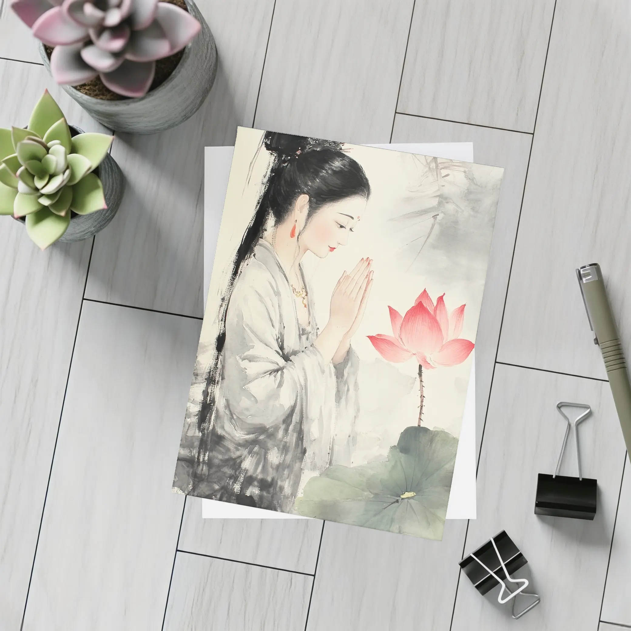 Chinese Woman Praying With Lotus Watercolor Art – Postcards