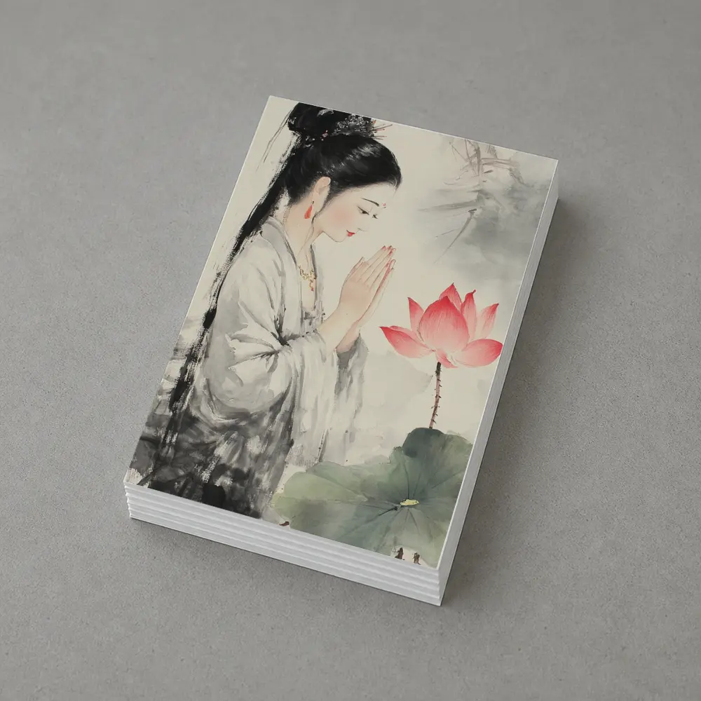 Chinese Woman Praying With Lotus Watercolor Art – Postcards