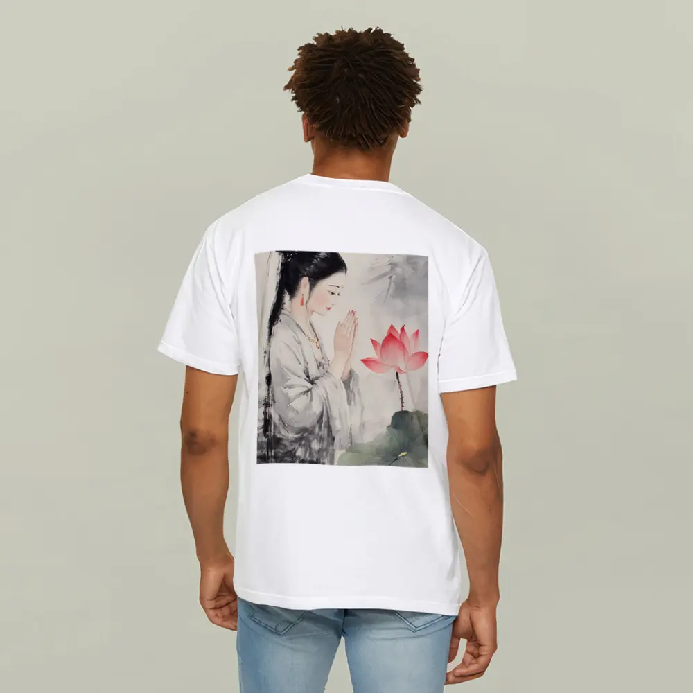 Chinese Woman Praying With Lotus Watercolor Art – T-Shirts
