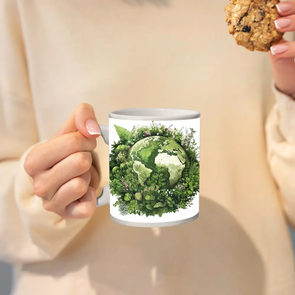 Green Earth Globe Surrounded By Lush Plants – Mugs