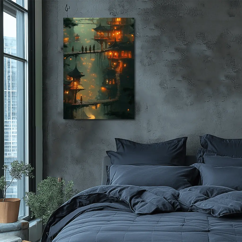 Fantasy Asian Village Glowing Bridges Night – Wall Art