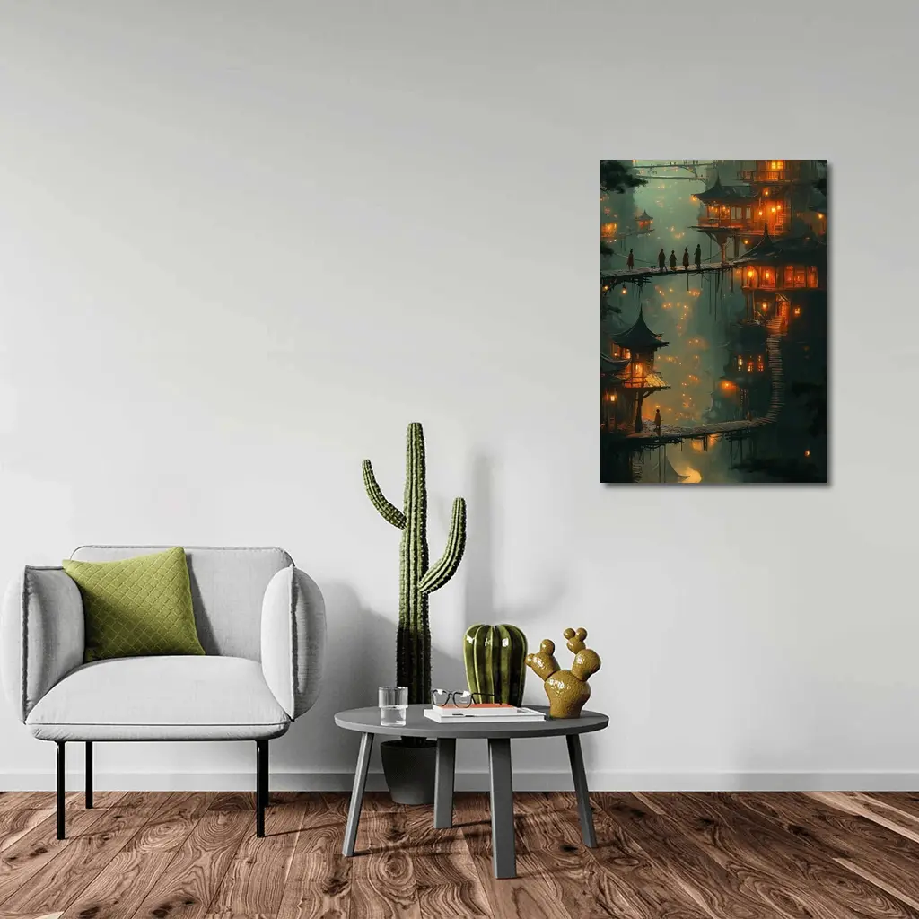 Fantasy Asian Village Glowing Bridges Night – Wall Art