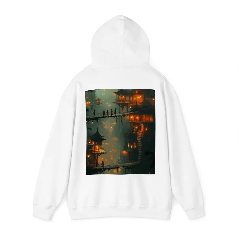 Fantasy Asian Village Glowing Bridges Night – Hoodies