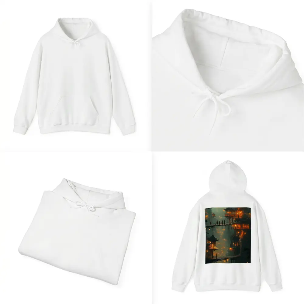 Fantasy Asian Village Glowing Bridges Night – Hoodies