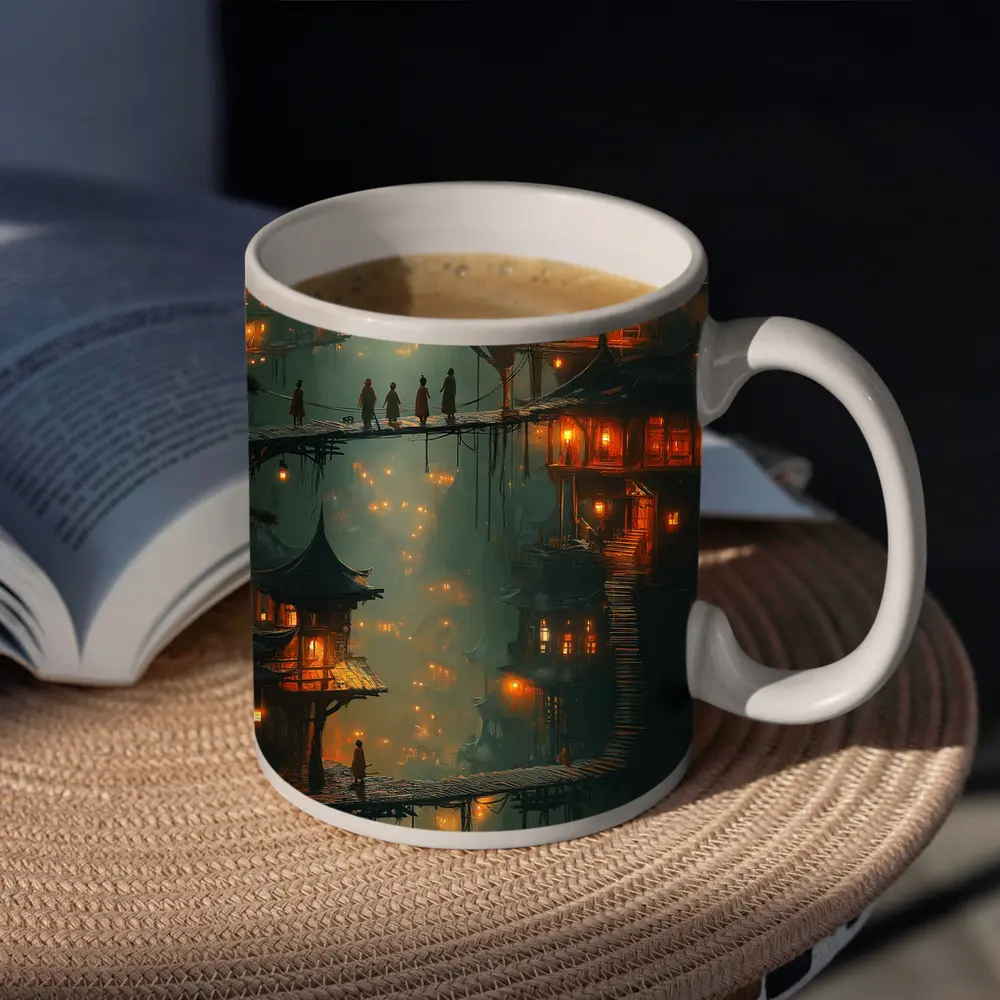 Fantasy Asian Village Glowing Bridges Night – Mugs