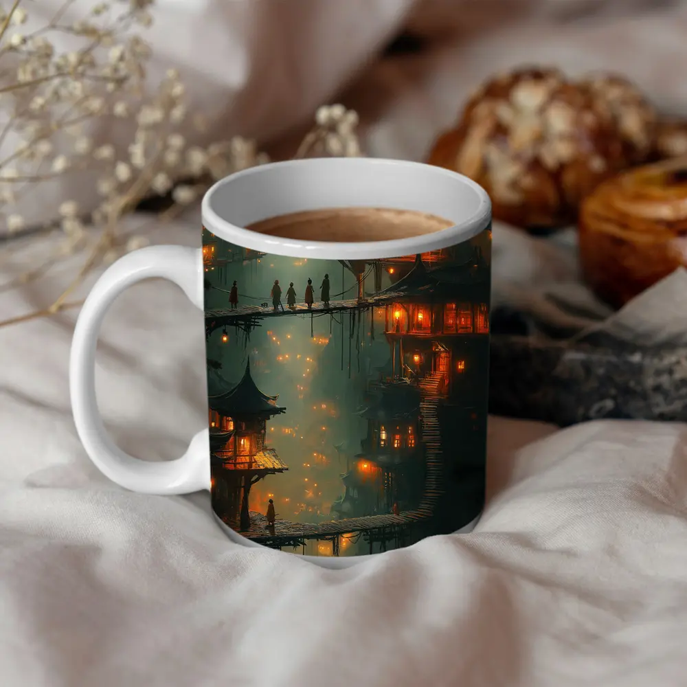 Fantasy Asian Village Glowing Bridges Night – Mugs
