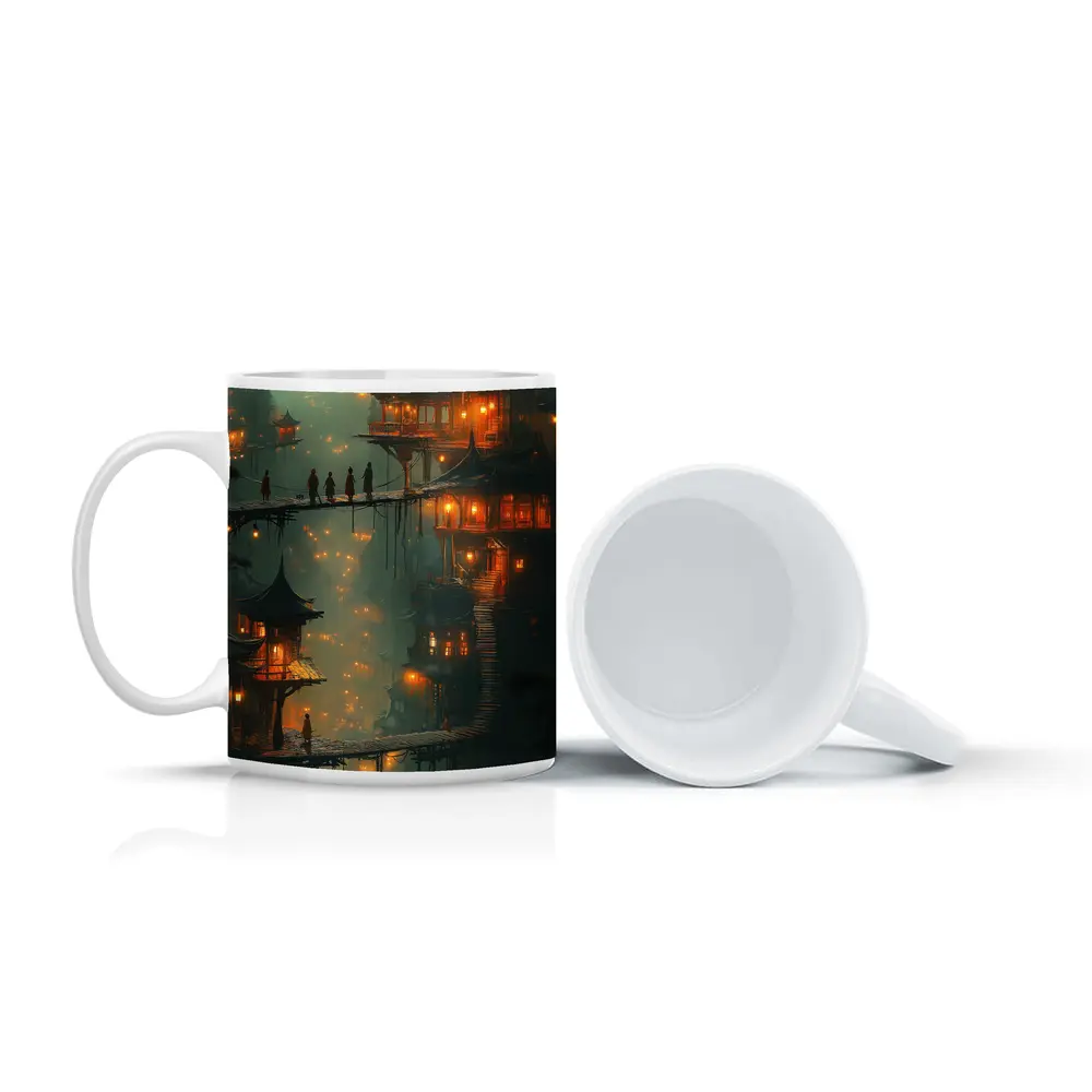 Fantasy Asian Village Glowing Bridges Night – Mugs