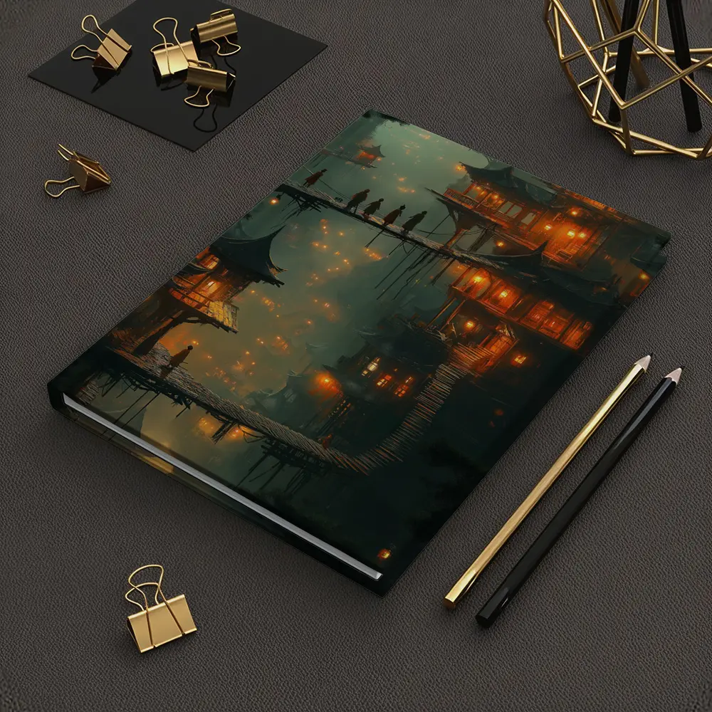 Fantasy Asian Village Glowing Bridges Night – Notebooks
