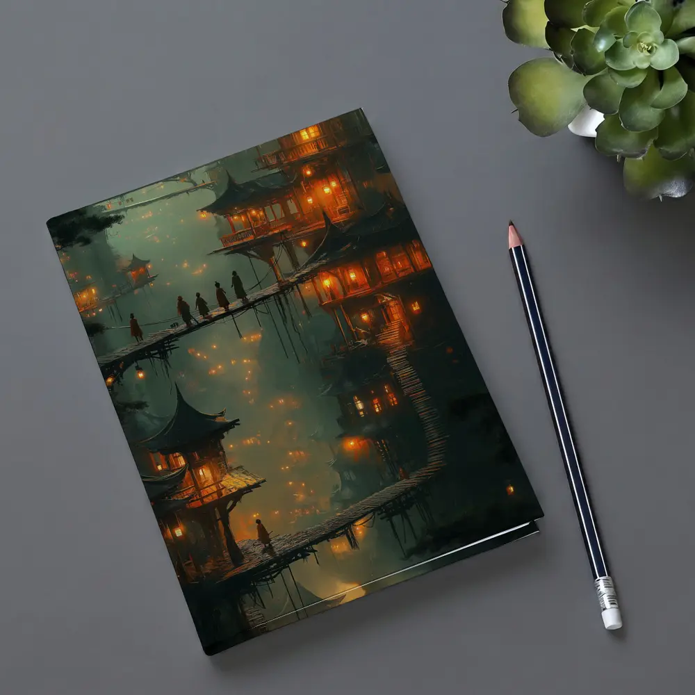 Fantasy Asian Village Glowing Bridges Night – Notebooks
