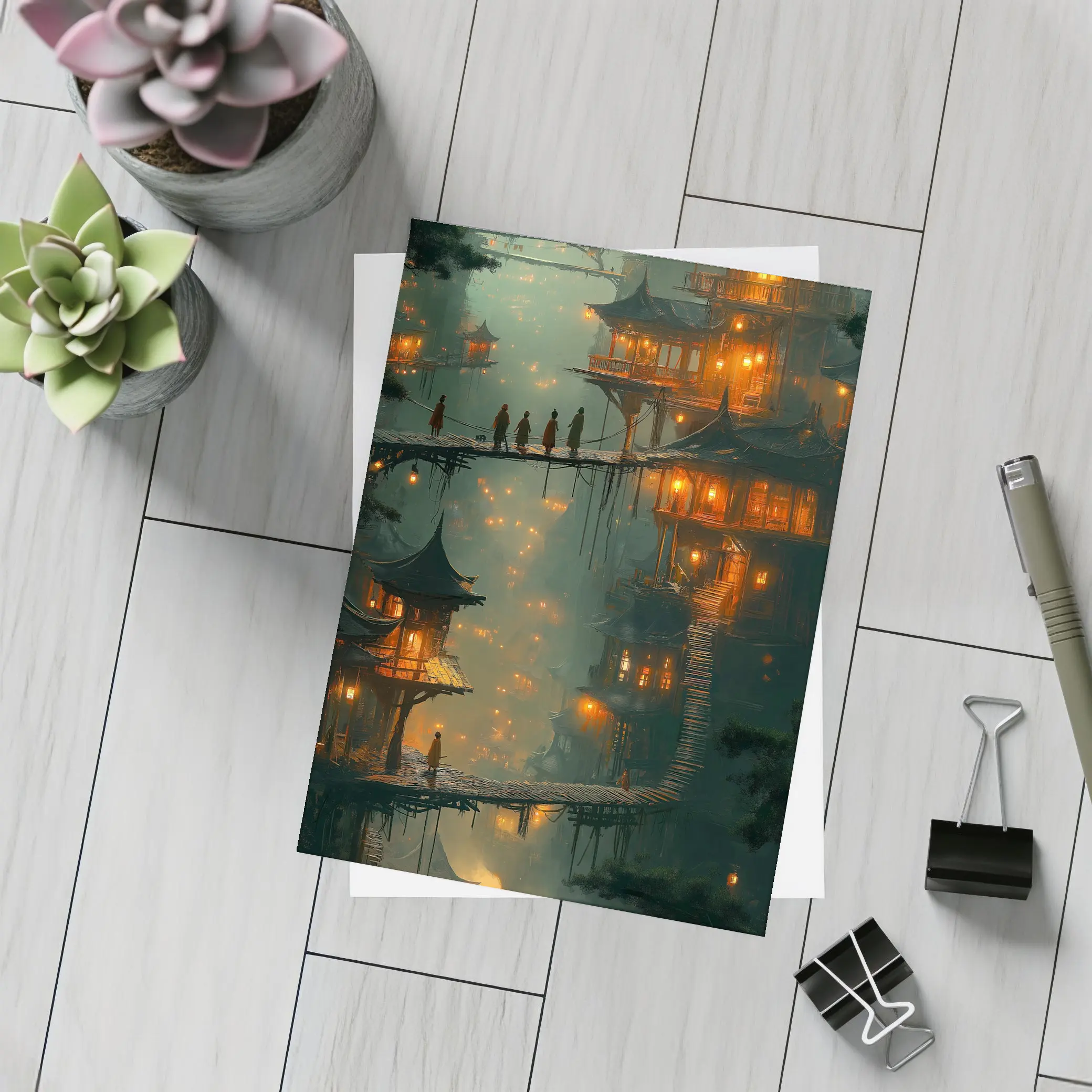 Fantasy Asian Village Glowing Bridges Night – Postcards