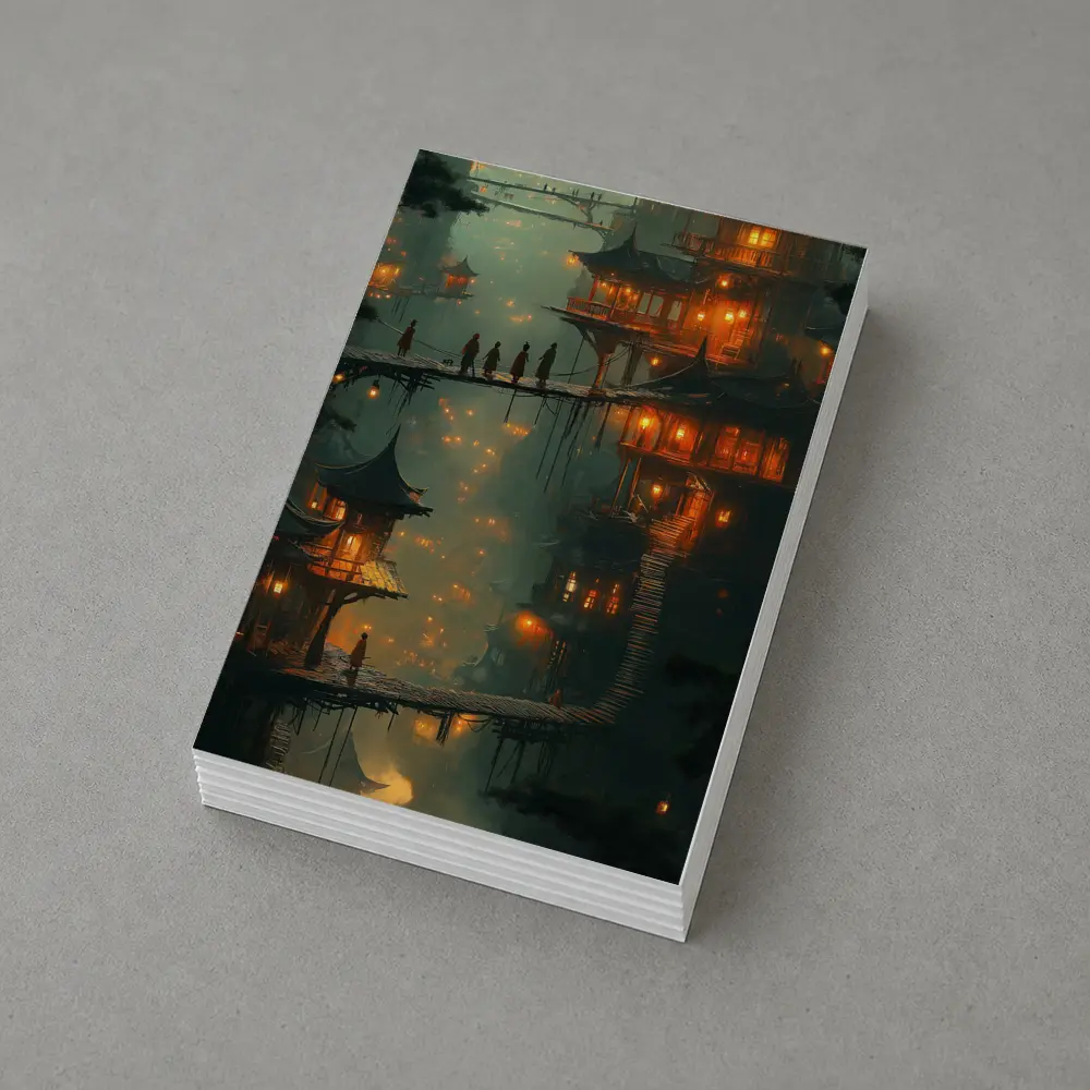 Fantasy Asian Village Glowing Bridges Night – Postcards