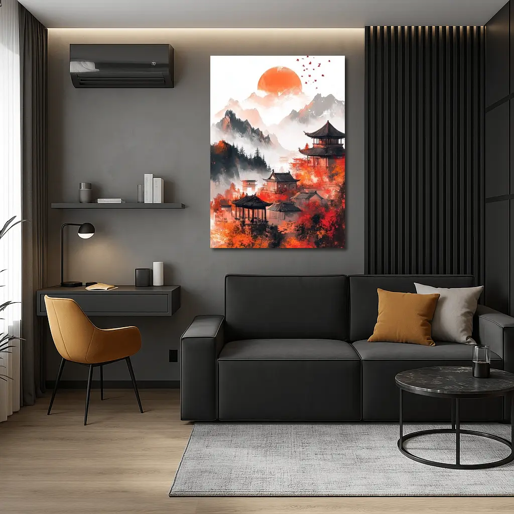 Japanese Pagoda Red Misty Mountain Ink Art – Wall Art