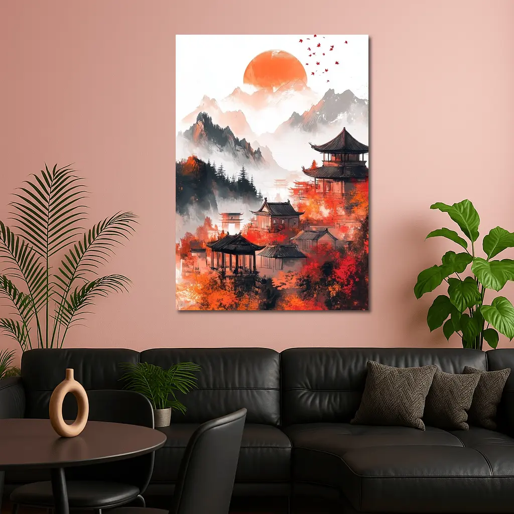 Japanese Pagoda Red Misty Mountain Ink Art – Wall Art