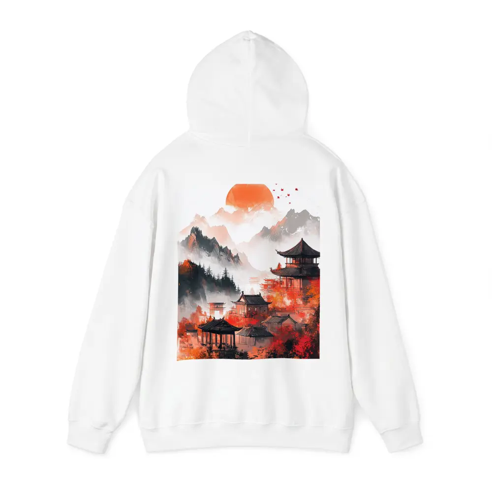 Japanese Pagoda Red Misty Mountain Ink Art – Hoodies