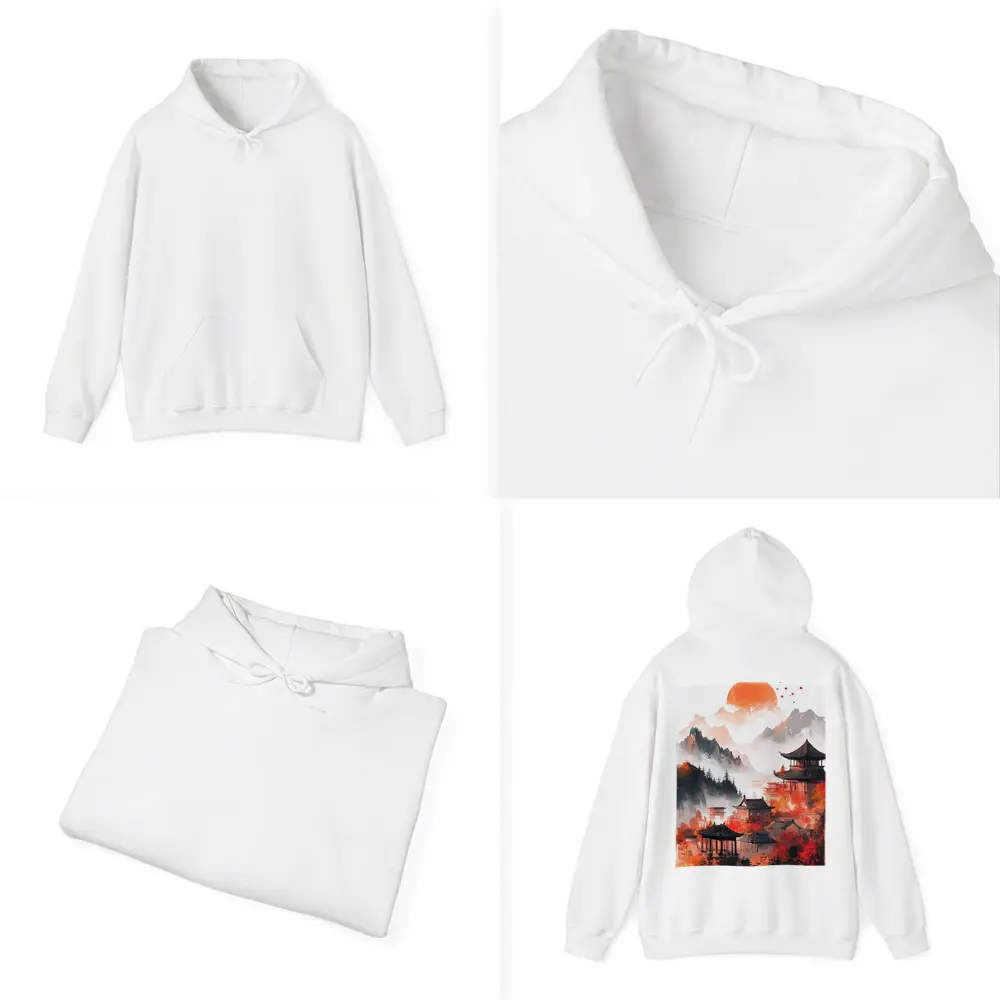 Japanese Pagoda Red Misty Mountain Ink Art – Hoodies
