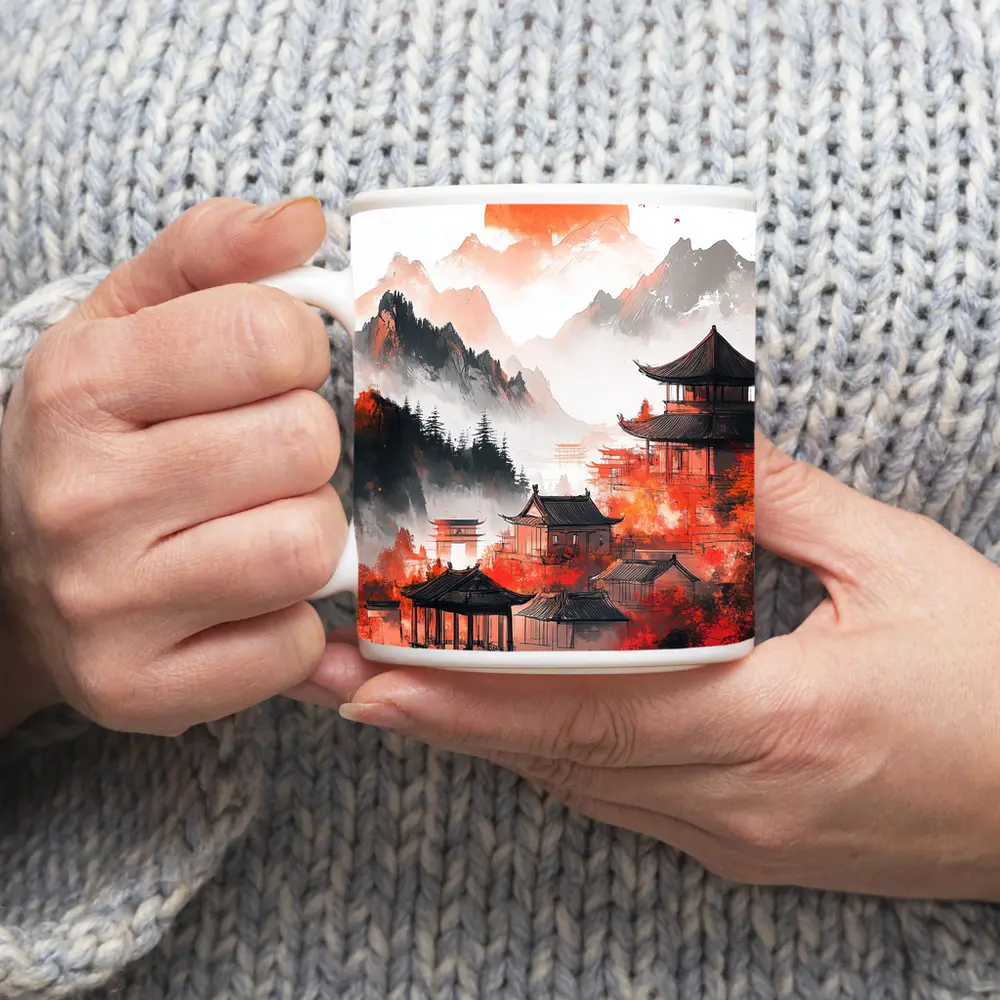Japanese Pagoda Red Misty Mountain Ink Art – Mugs
