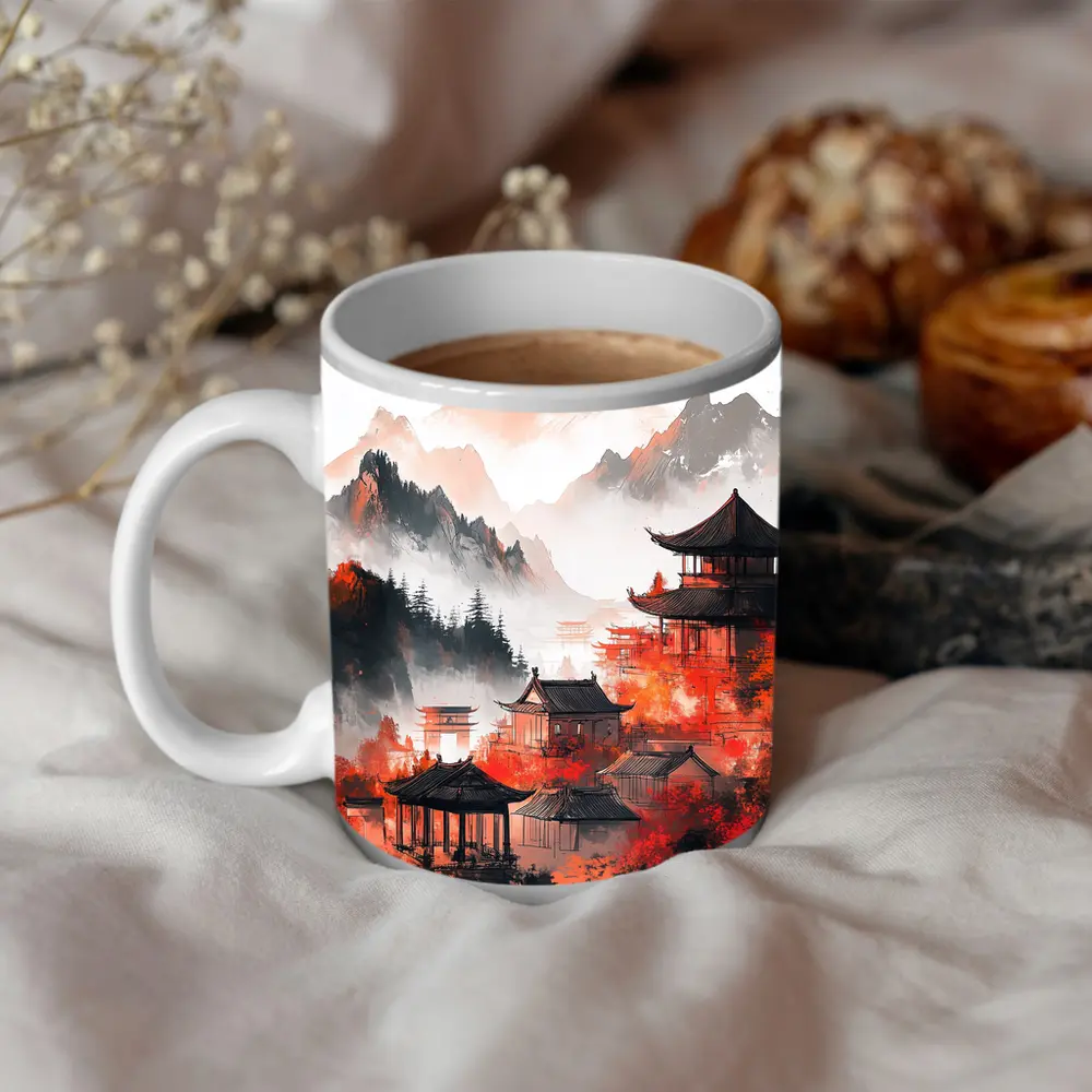 Japanese Pagoda Red Misty Mountain Ink Art – Mugs
