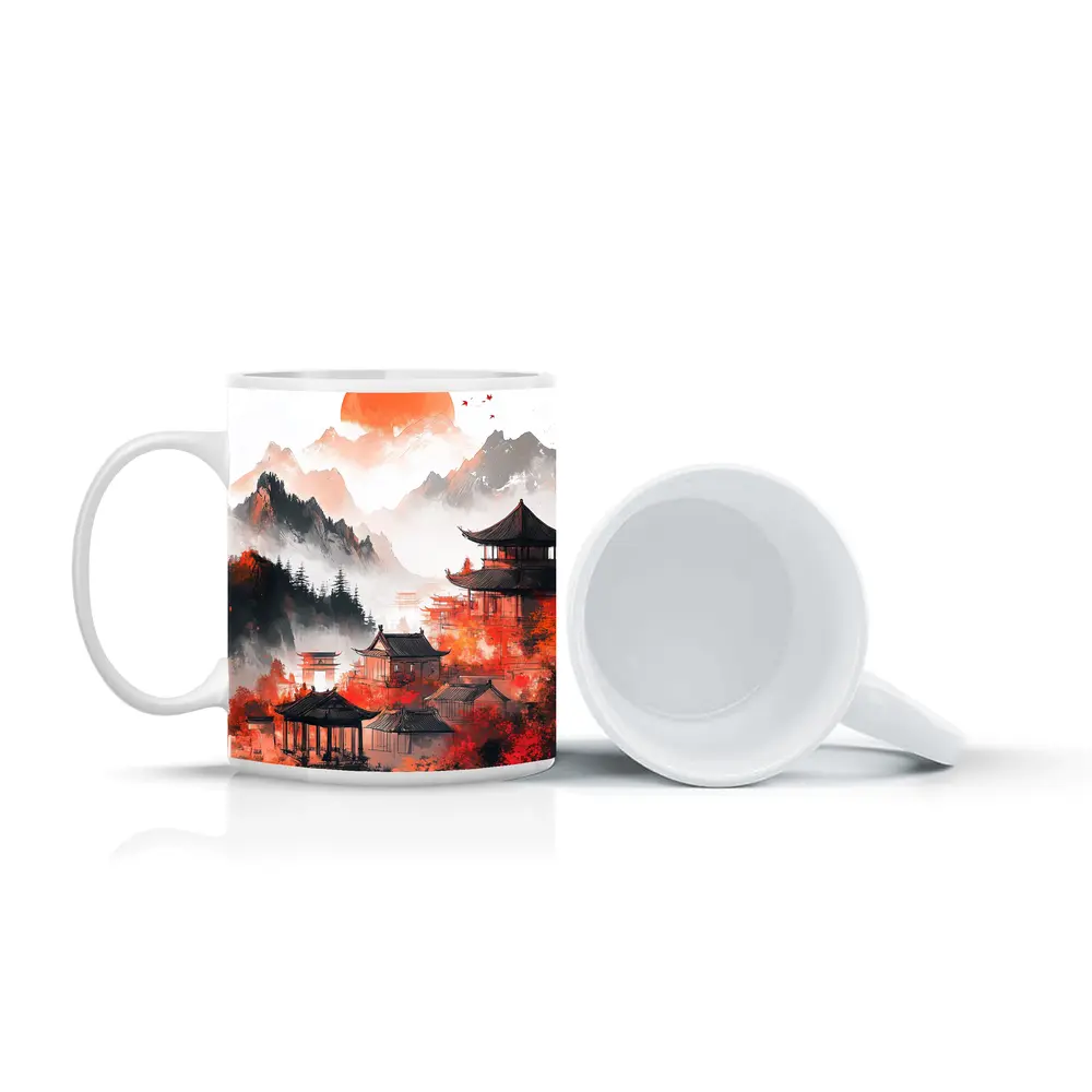 Japanese Pagoda Red Misty Mountain Ink Art – Mugs
