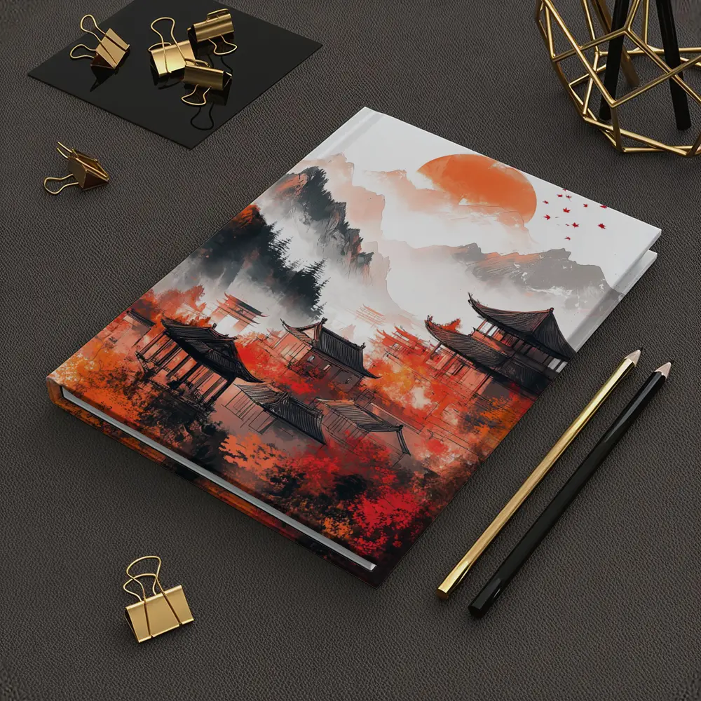 Japanese Pagoda Red Misty Mountain Ink Art – Notebooks