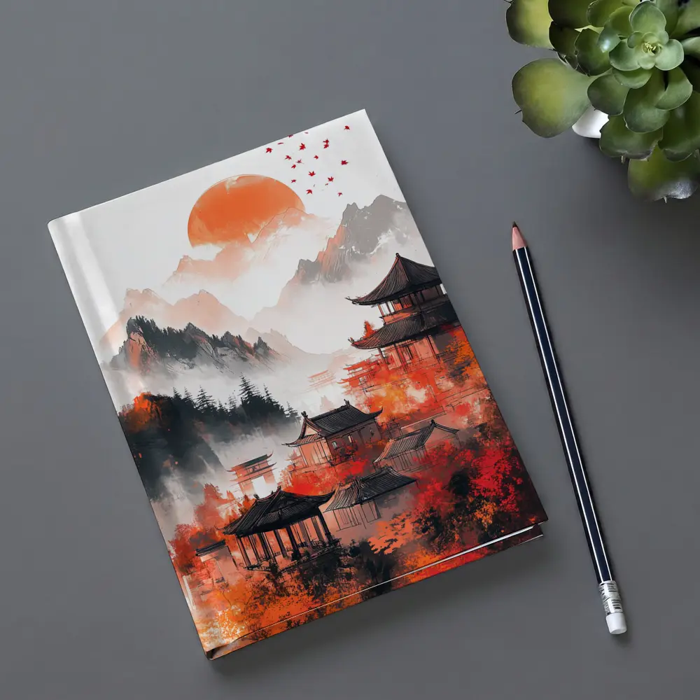 Japanese Pagoda Red Misty Mountain Ink Art – Notebooks