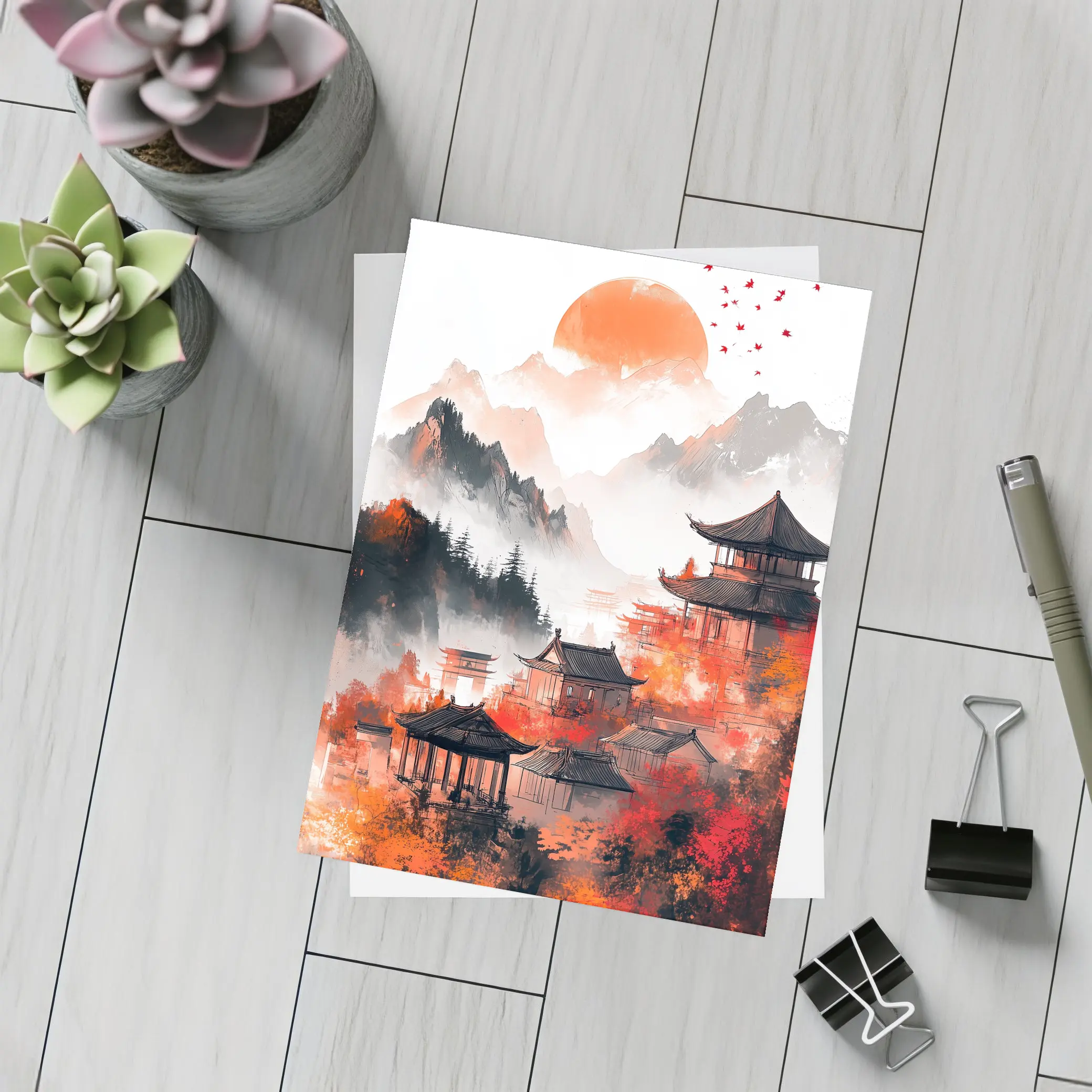 Japanese Pagoda Red Misty Mountain Ink Art – Postcards