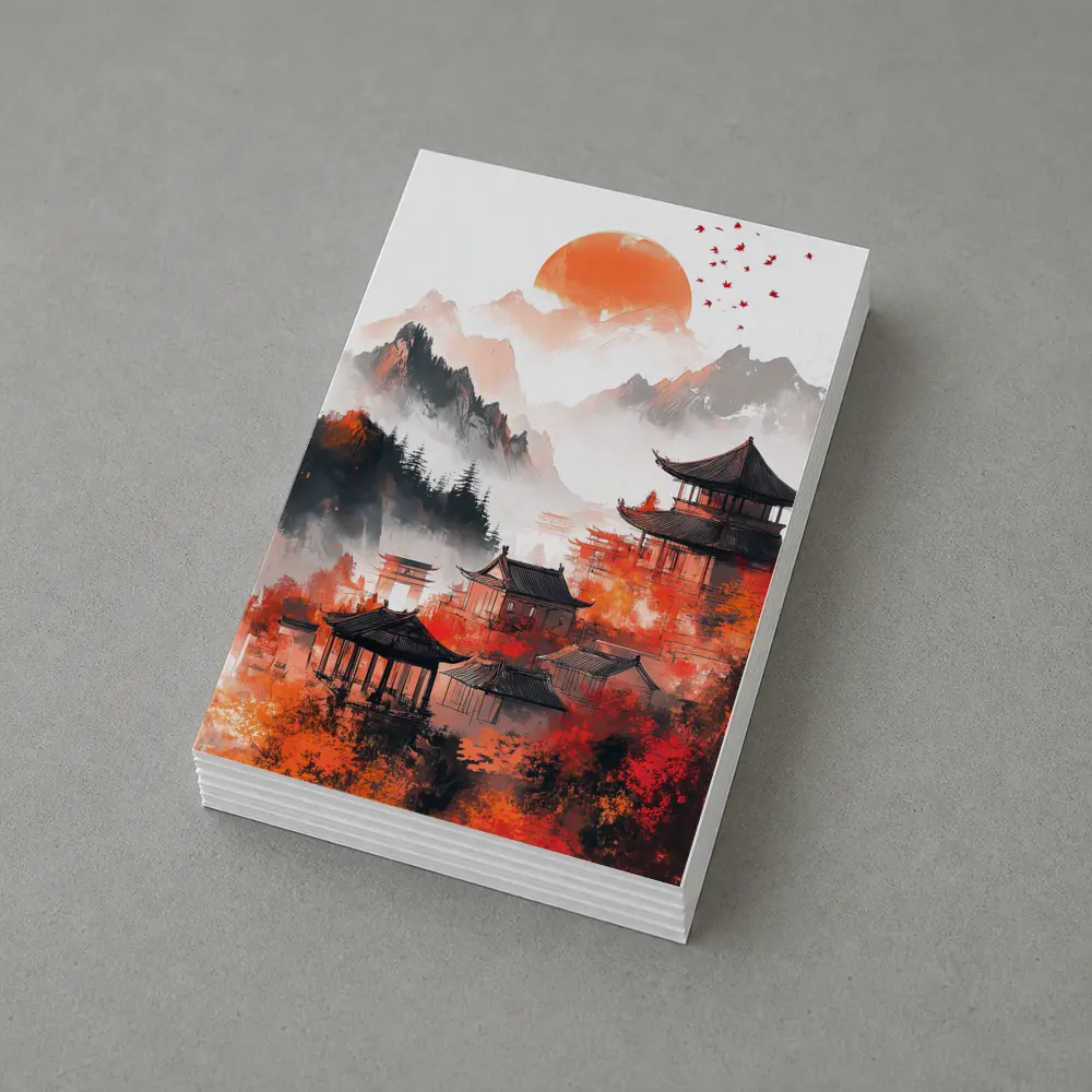 Japanese Pagoda Red Misty Mountain Ink Art – Postcards