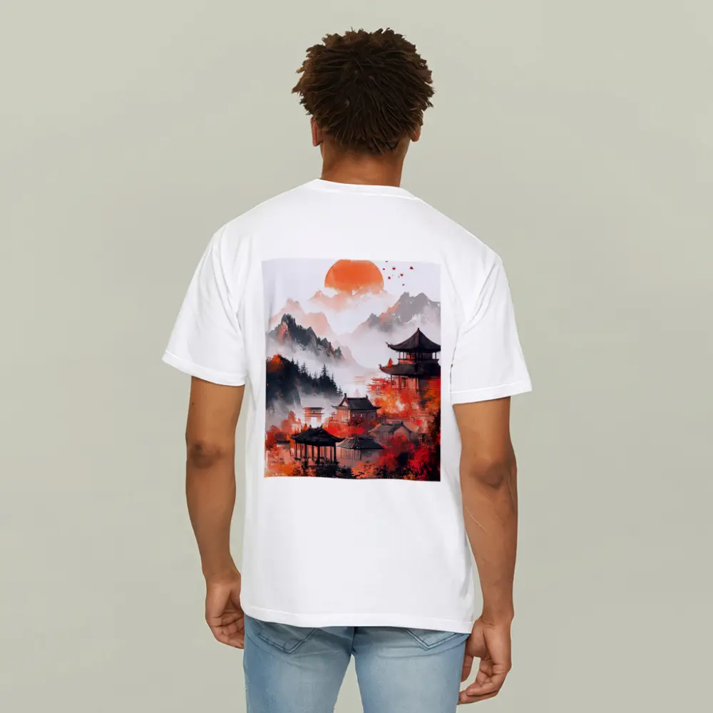 Japanese Pagoda Red Misty Mountain Ink Art – T-Shirts