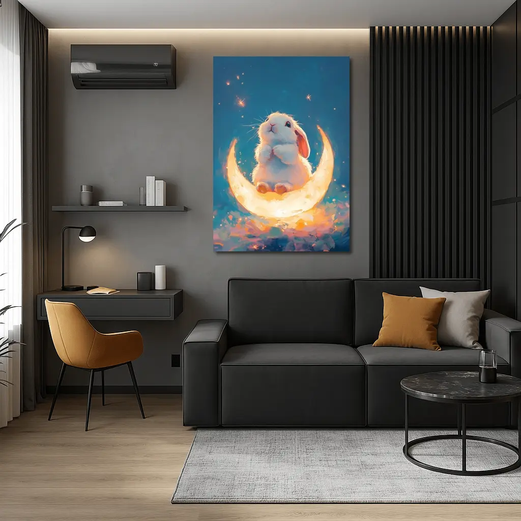 White Bunny Sitting on Glowing Crescent Moon – Wall Art