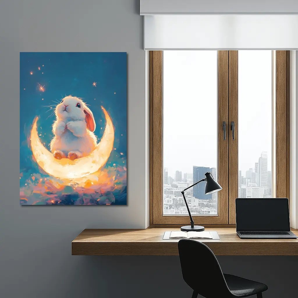 White Bunny Sitting on Glowing Crescent Moon – Wall Art