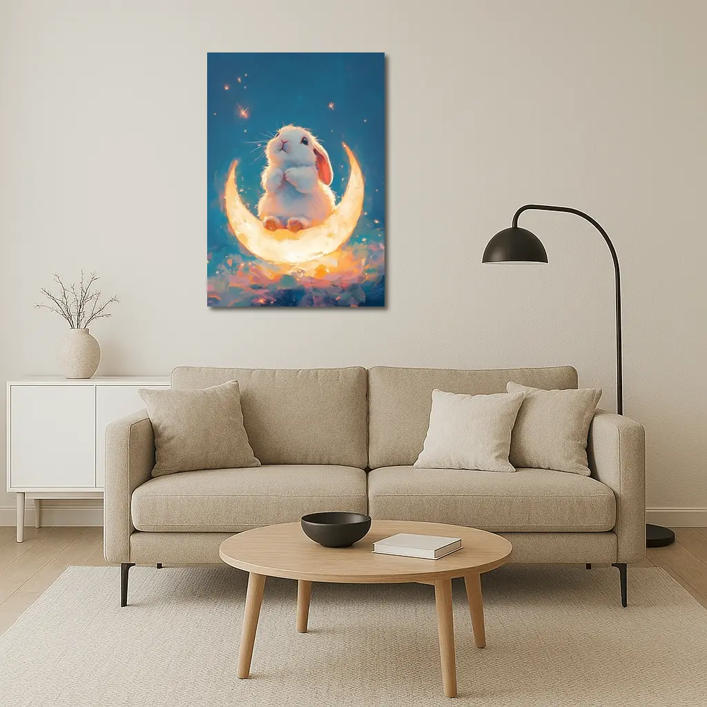 White Bunny Sitting on Glowing Crescent Moon – Wall Art