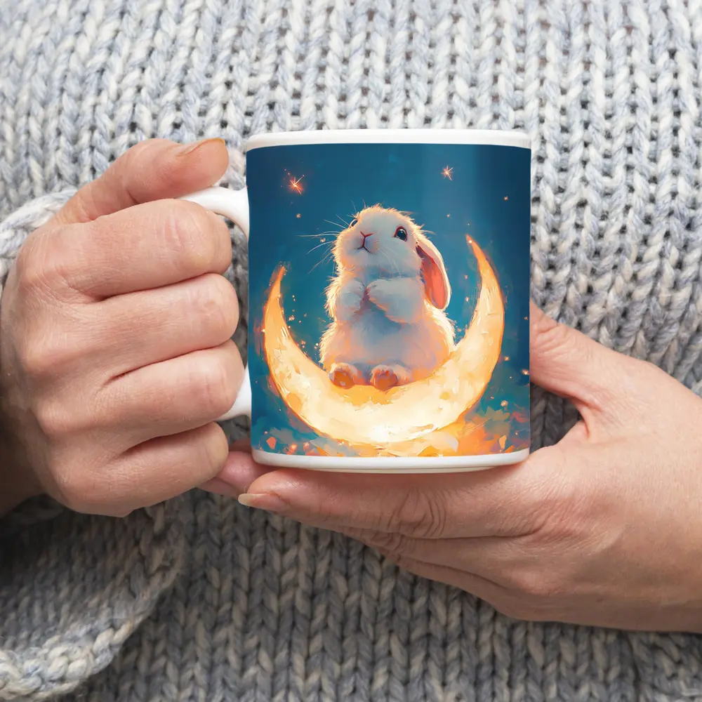 White Bunny Sitting on Glowing Crescent Moon – Mugs