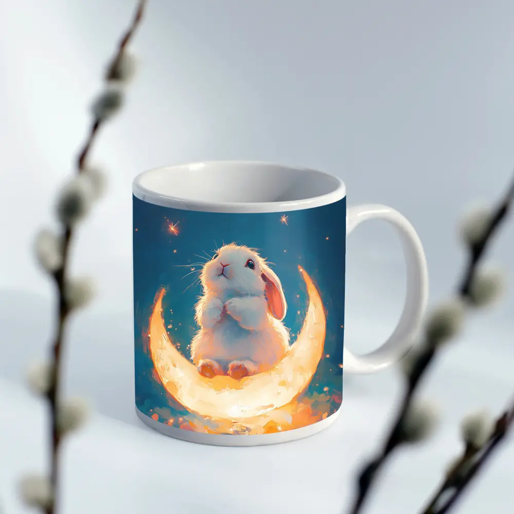 White Bunny Sitting on Glowing Crescent Moon – Mugs