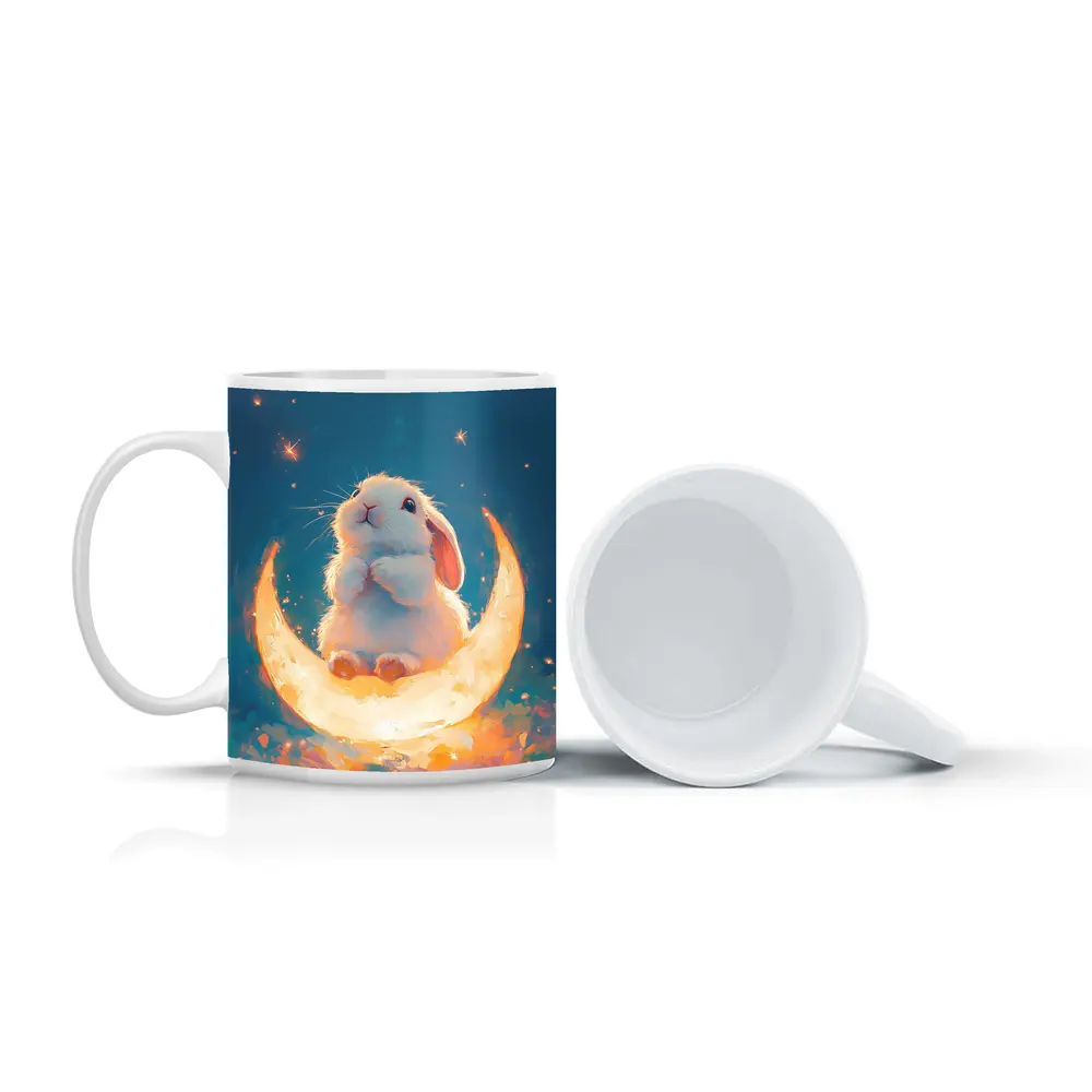 White Bunny Sitting on Glowing Crescent Moon – Mugs
