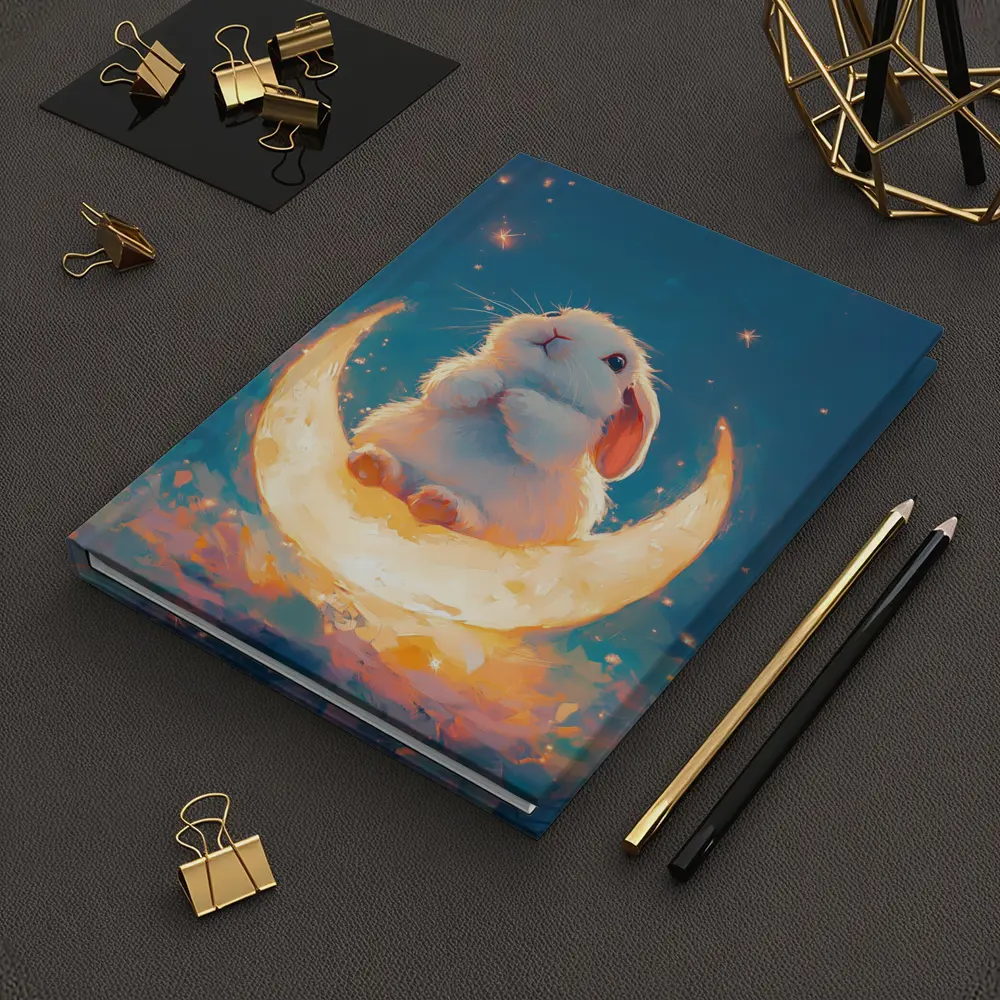 White Bunny Sitting on Glowing Crescent Moon – Notebooks