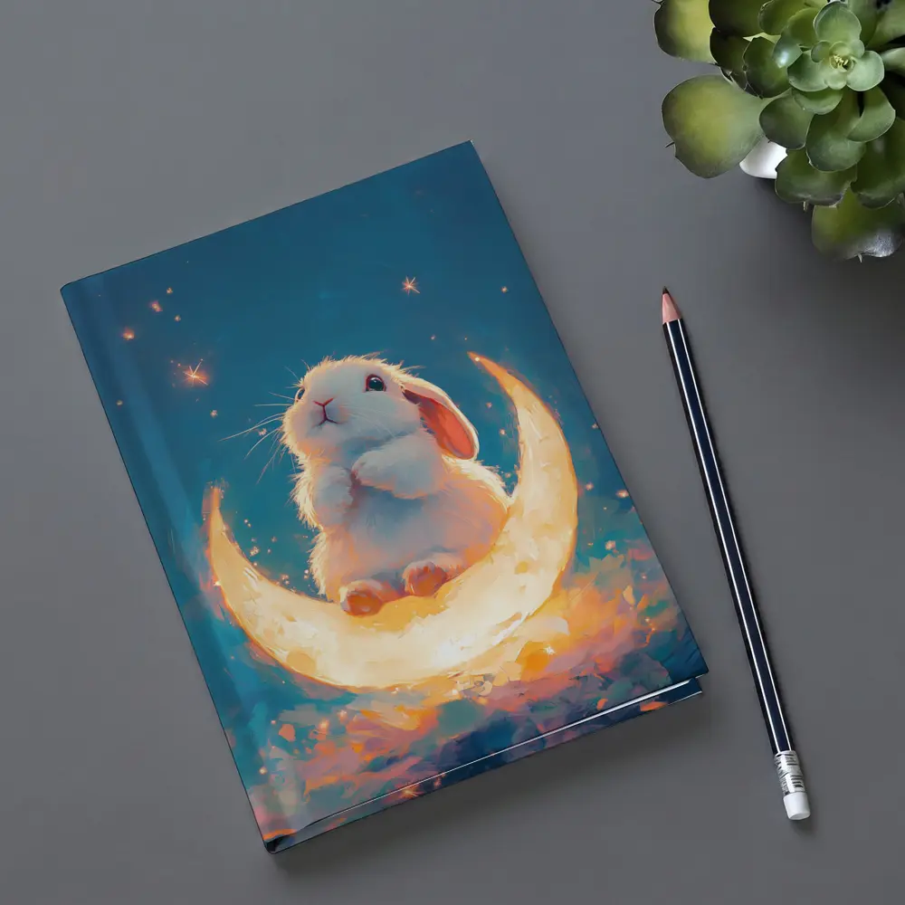 White Bunny Sitting on Glowing Crescent Moon – Notebooks
